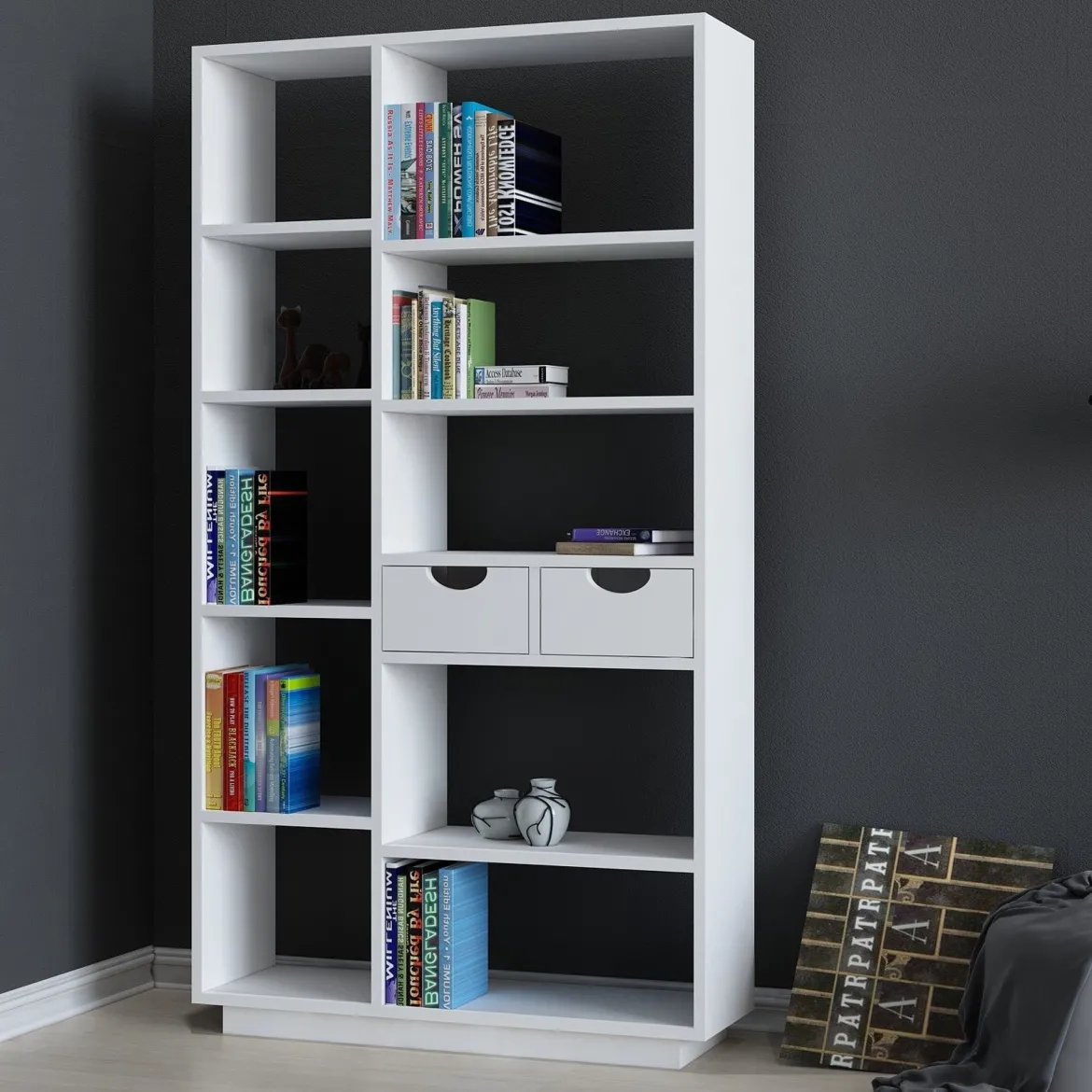 Libreria Bianco 8 Ripiani 2 Cassetti 80x25x189h cm, Installazione Libera - Imer
