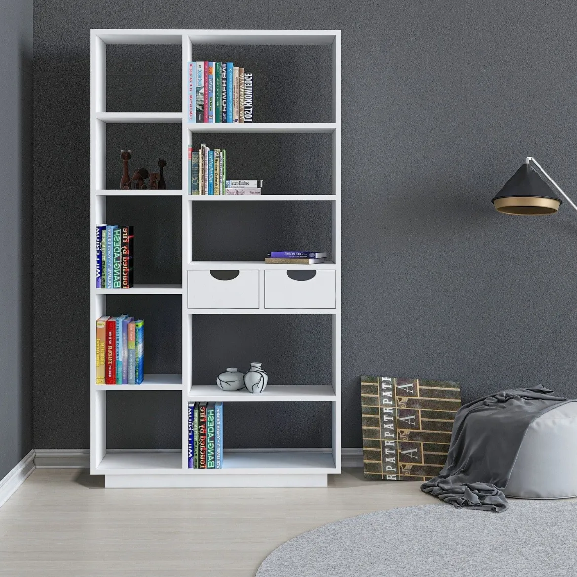 Libreria Bianco 8 Ripiani 2 Cassetti 80x25x189h cm, Installazione Libera - Imer