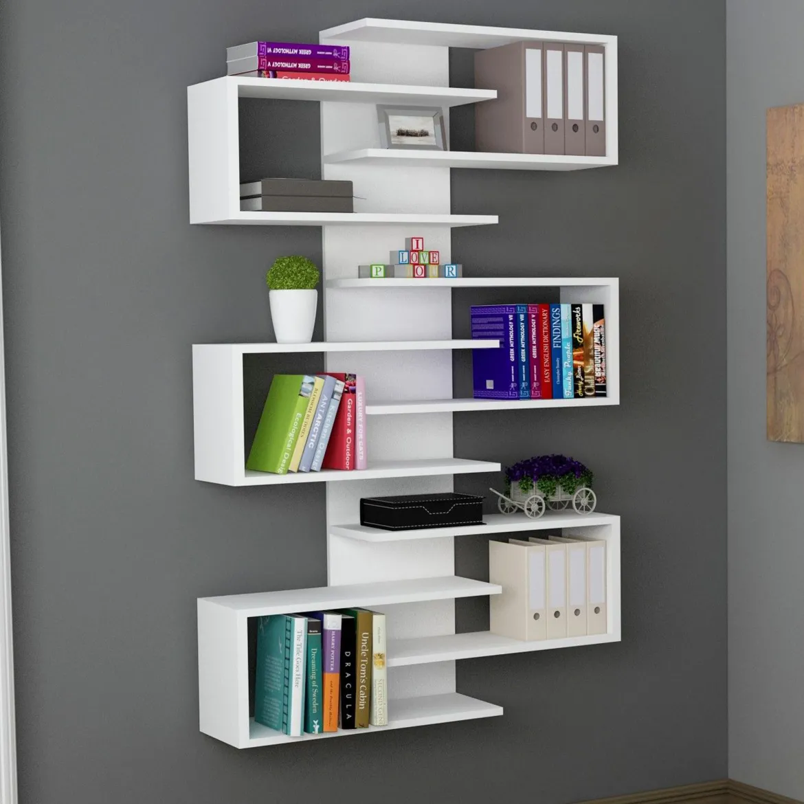Libreria Bianco 11 Ripiani Installazione Fissaggio al Muro 75x21x161h cm, - Trenzano