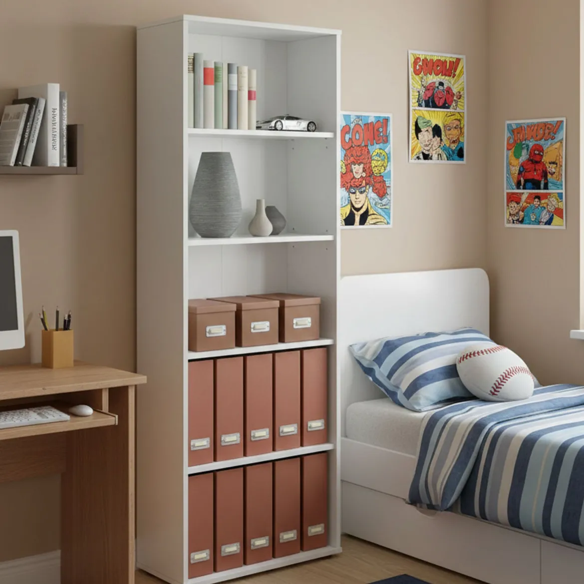 Libreria Bianco 4 Ripiani Struttura Verticale 67x67x14h cm, - Tripi