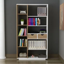 Libreria Bianco Rovere Marrone 8 Ripiani 2 Cassetti 80x25x189h cm, Installazione Libera - Imer