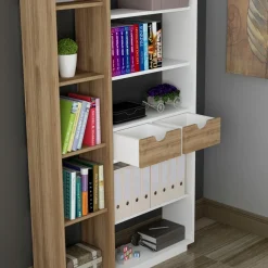 Libreria Bianco Rovere Marrone 8 Ripiani 2 Cassetti 80x25x189h cm, Installazione Libera - Imer