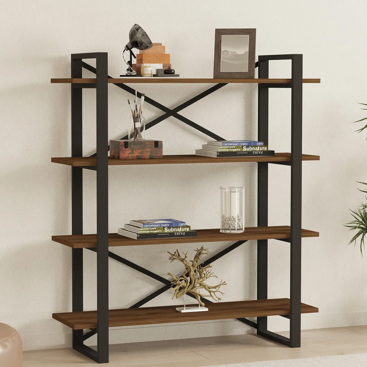 Libreria Marrone Nero 4 Ripiani Installazione Libera 106x33x120h cm, Materiale Struttura in Metallo - Inverigo