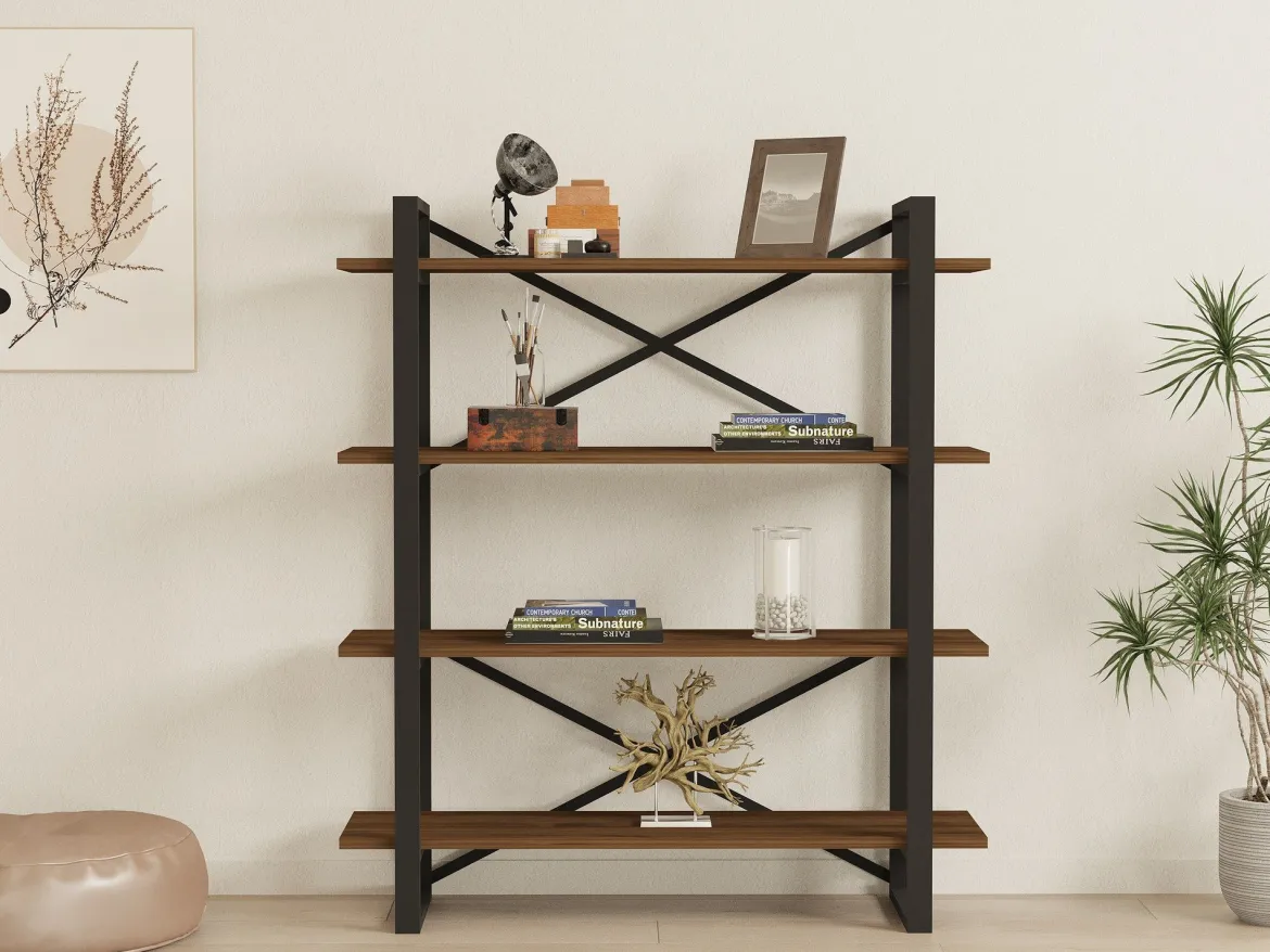 Libreria Marrone Nero 4 Ripiani Installazione Libera 106x33x120h cm, Materiale Struttura in Metallo - Inverigo