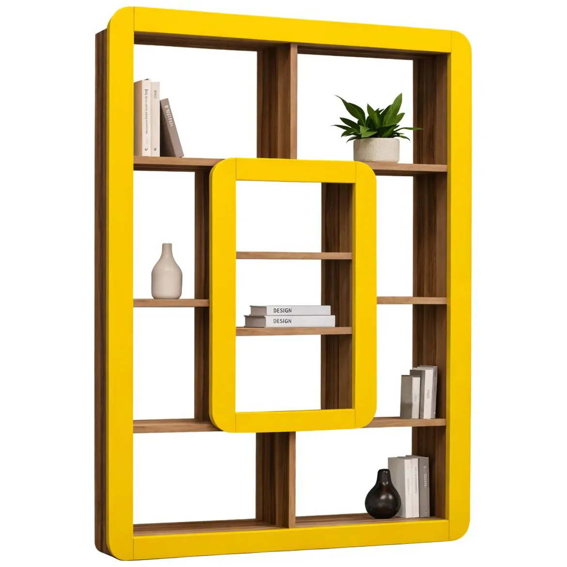 Libreria Marrone Noce Giallo 8 Ripiani Installazione Libera 108x22x140h cm, Sfumatura Colore Struttura Noce - Caltrano