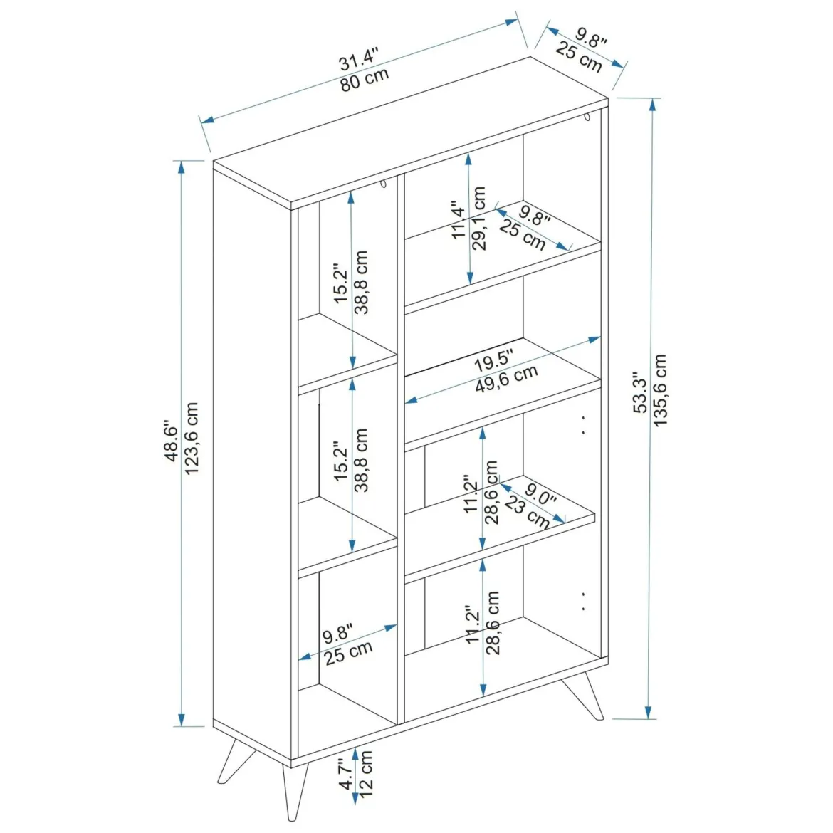 Libreria Marrone Noce Nero Antracite 5 Ripiani 2 Ante 80x25x136h cm, Installazione Libera - Taggia