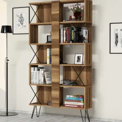 Libreria Marrone Noce 10 Ripiani Installazione Libera 90x22x167h cm, Struttura Verticale - Campagna