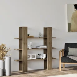 Libreria Marrone Noce 3 Ripiani Installazione Libera 120x23x120h cm, Struttura Verticale - Marenzo