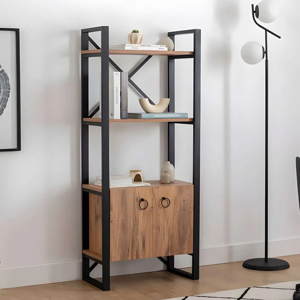 Libreria Marrone Rovere Nero 4 Ripiani Installazione Libera 30x156x60h cm, Utilizzabile Come Divisorio Locale - Pocenia