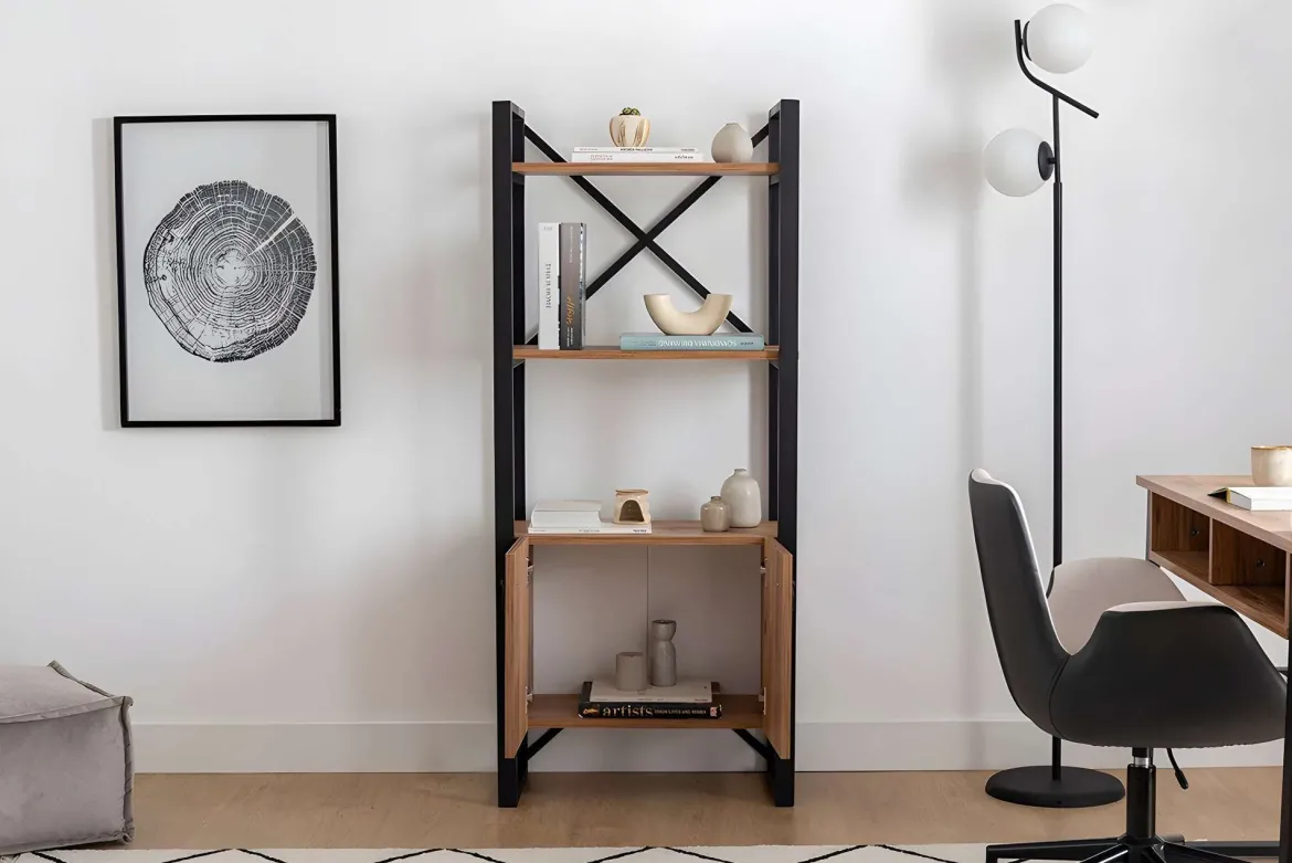 Libreria Marrone Rovere Nero 4 Ripiani Installazione Libera 30x156x60h cm, Utilizzabile Come Divisorio Locale - Pocenia