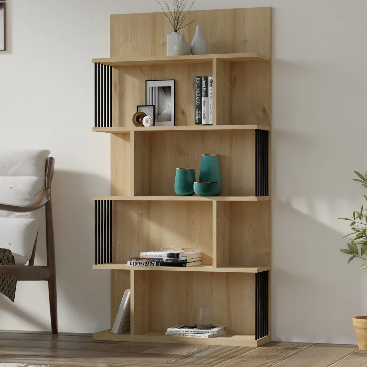 Libreria Marrone Rovere Nero 4 Ripiani Installazione Libera 85x35x180h cm, Utilizzabile Come Divisorio Locale - Luras