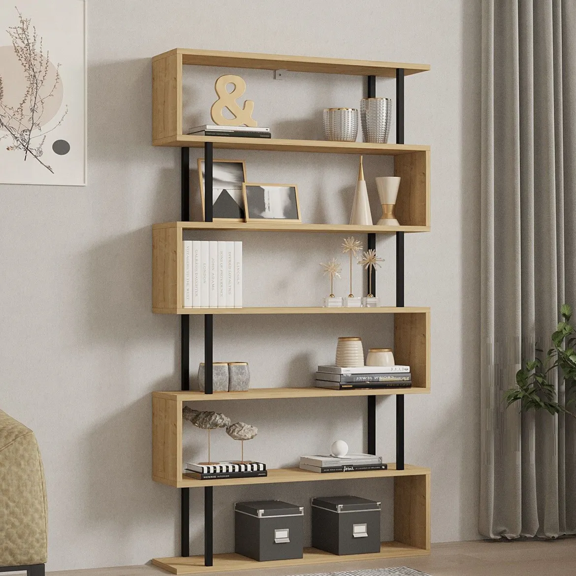 Libreria Marrone Rovere Nero 5 Ripiani Installazione Libera 90x22x163h cm, Sfumatura Colore Struttura Rovere - Stio
