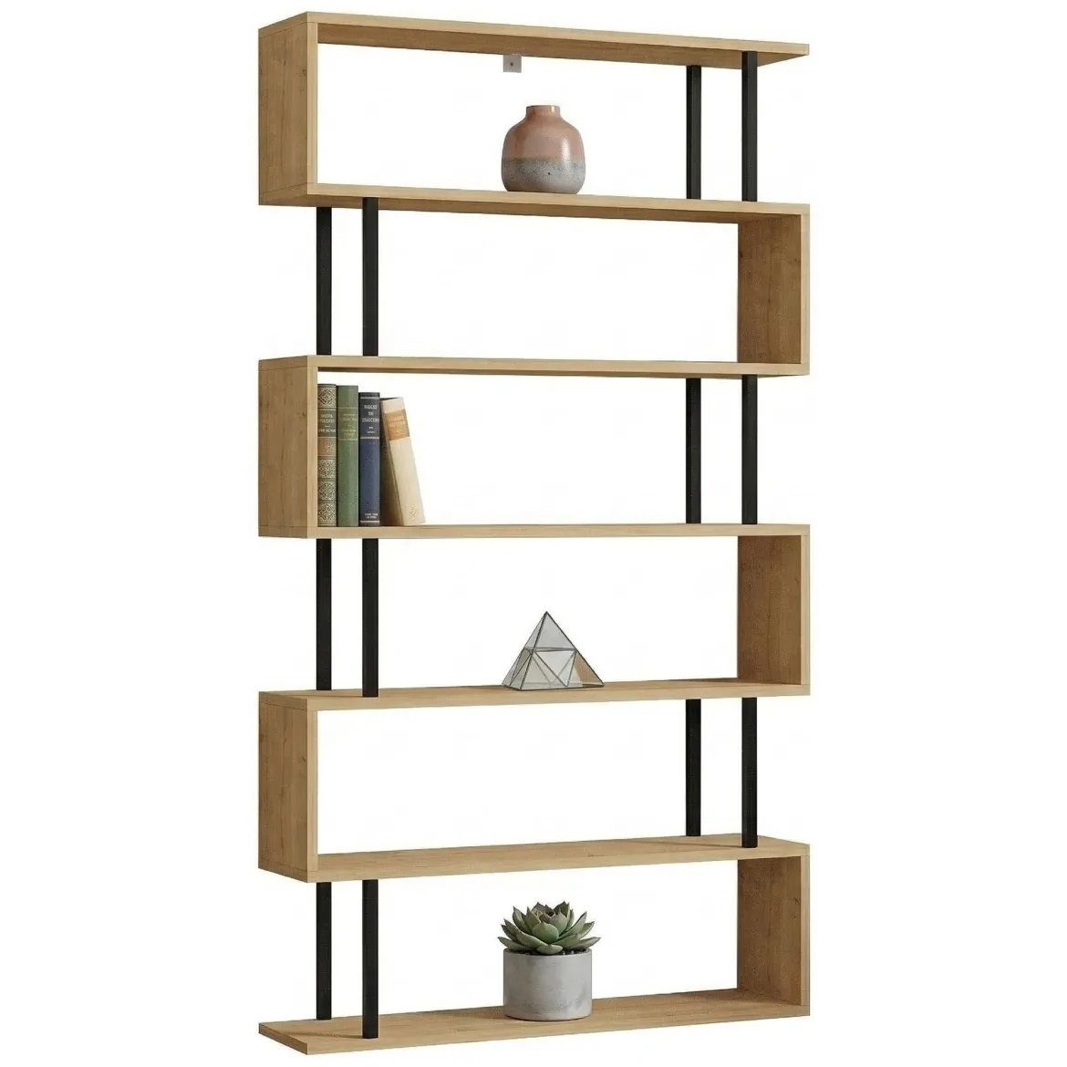 Libreria Marrone Rovere Nero 5 Ripiani Installazione Libera 90x22x163h cm, Sfumatura Colore Struttura Rovere - Stio