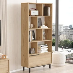 Libreria Marrone Rovere 8 Ripiani Un'anta 84x30x176h cm, Installazione Libera - Seneghe