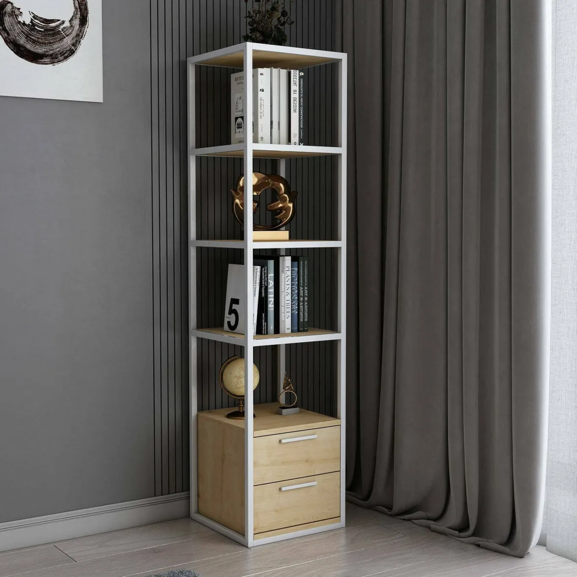 Libreria minimal bianca e rovere 39x169h cm - Arsim