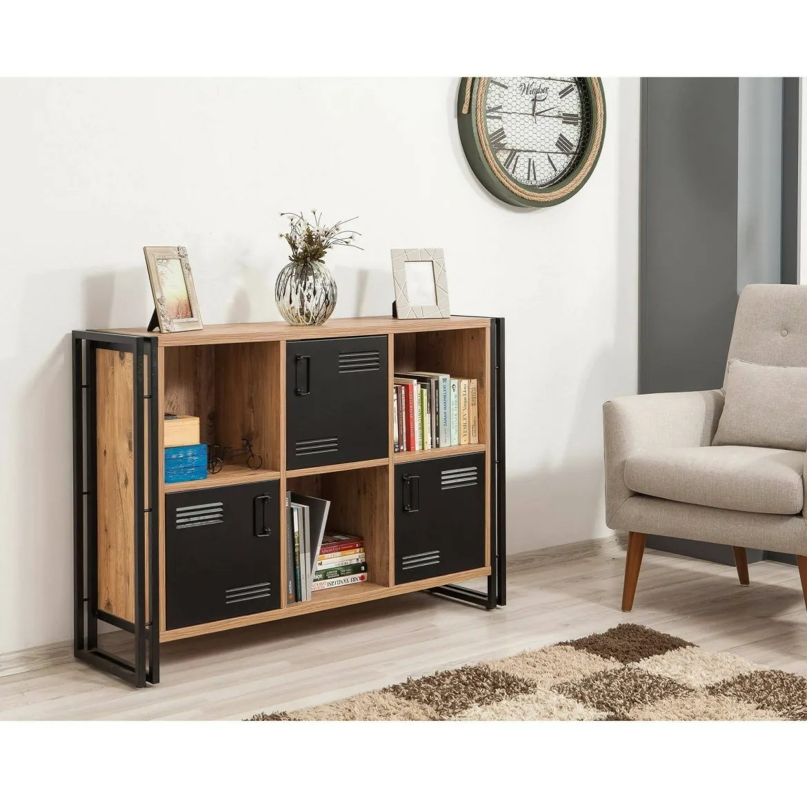 Libreria moderna quercia e nera 126x89h cm - Ercolina