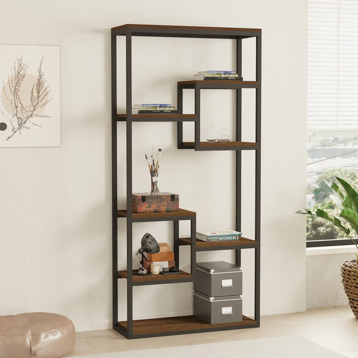 Libreria Nero Marrone Noce 6 Ripiani Installazione Libera 85x29x182h cm, Utilizzabile Come Divisorio Locale - Rofrano
