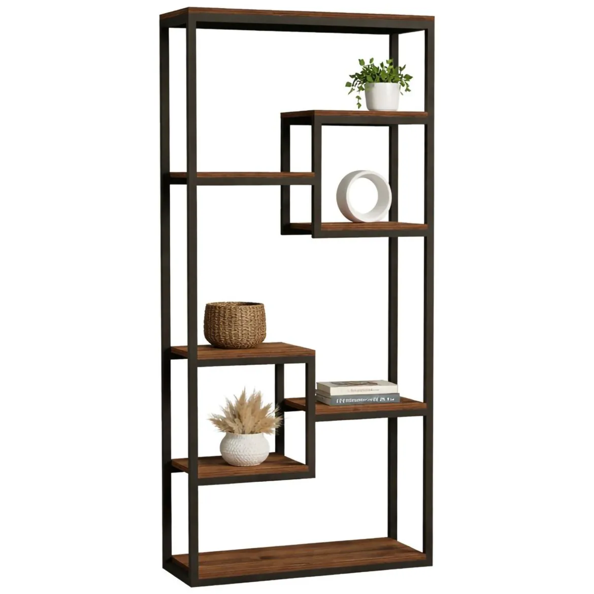 Libreria Nero Marrone Noce 6 Ripiani Installazione Libera 85x29x182h cm, Utilizzabile Come Divisorio Locale - Rofrano