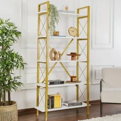 Libreria Suriel, 90x34 h180 cm, Bianco e Oro