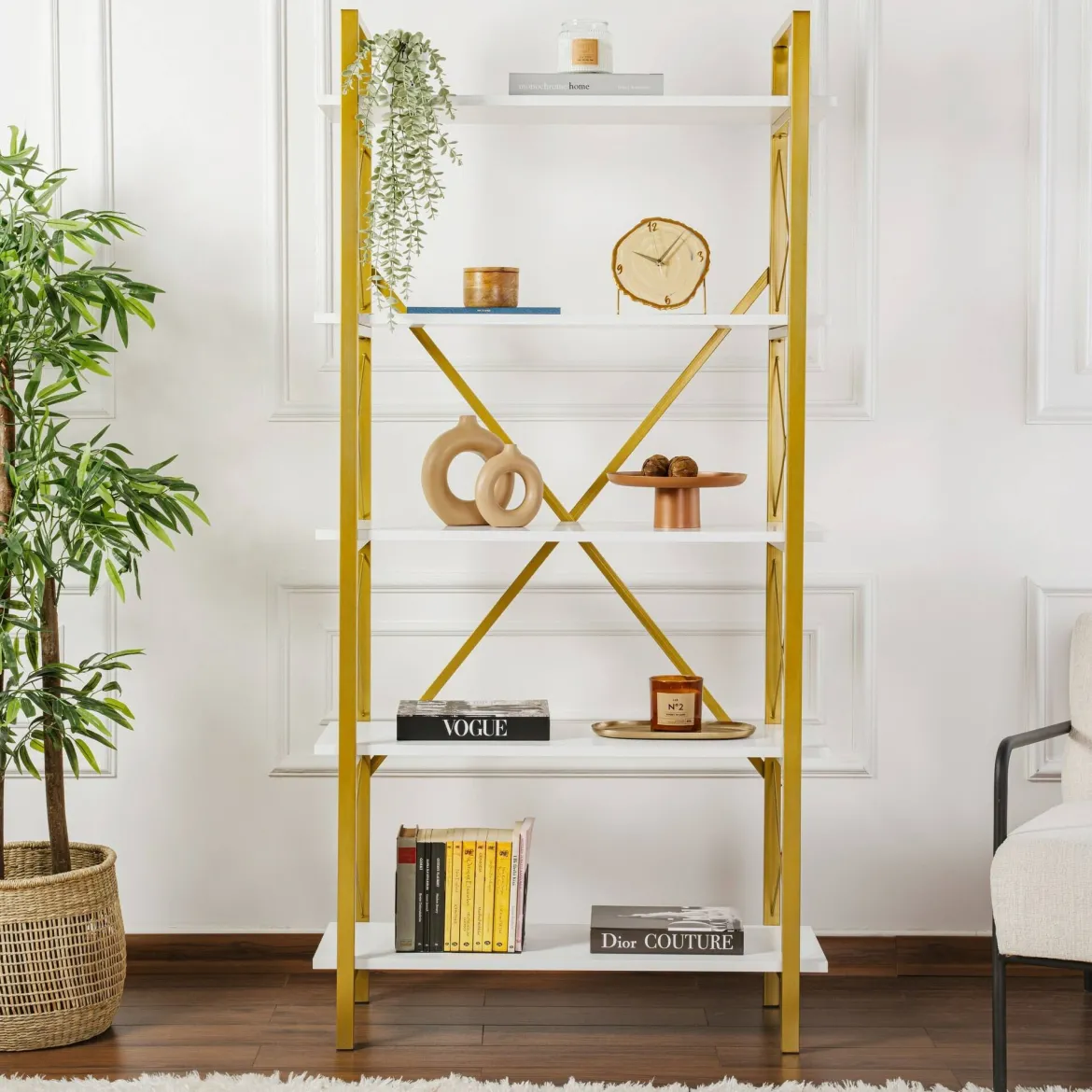 Libreria Suriel, 90x34 h180 cm, Bianco e Oro