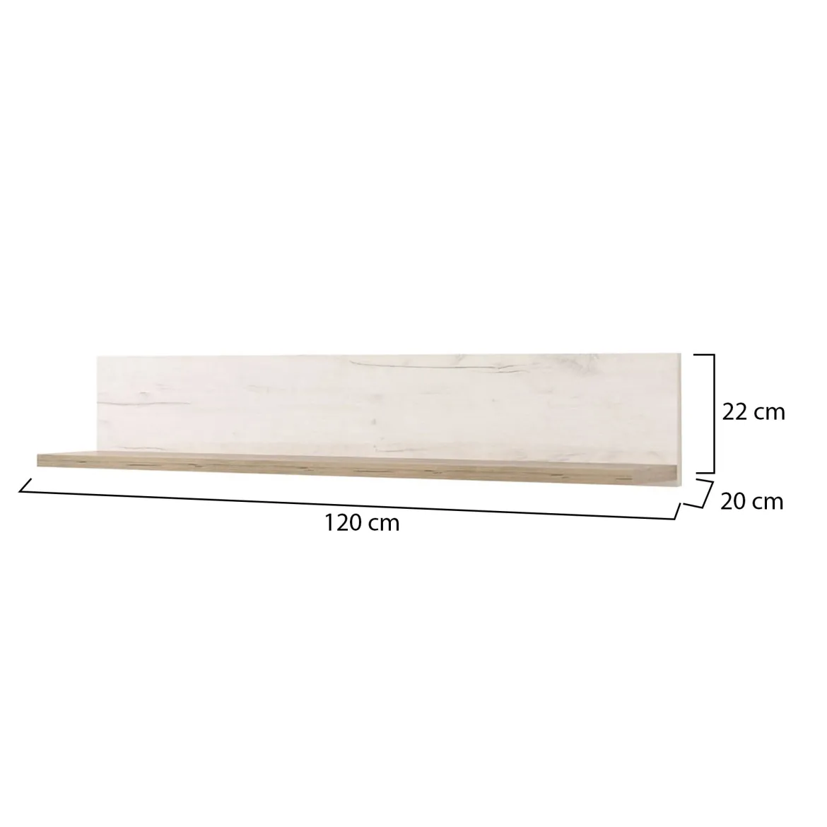 Mensola Bianco Anticato Marrone Rovere un Ripiano 120x19.5x22h cm, Portata Ripiani 5 - Picciano