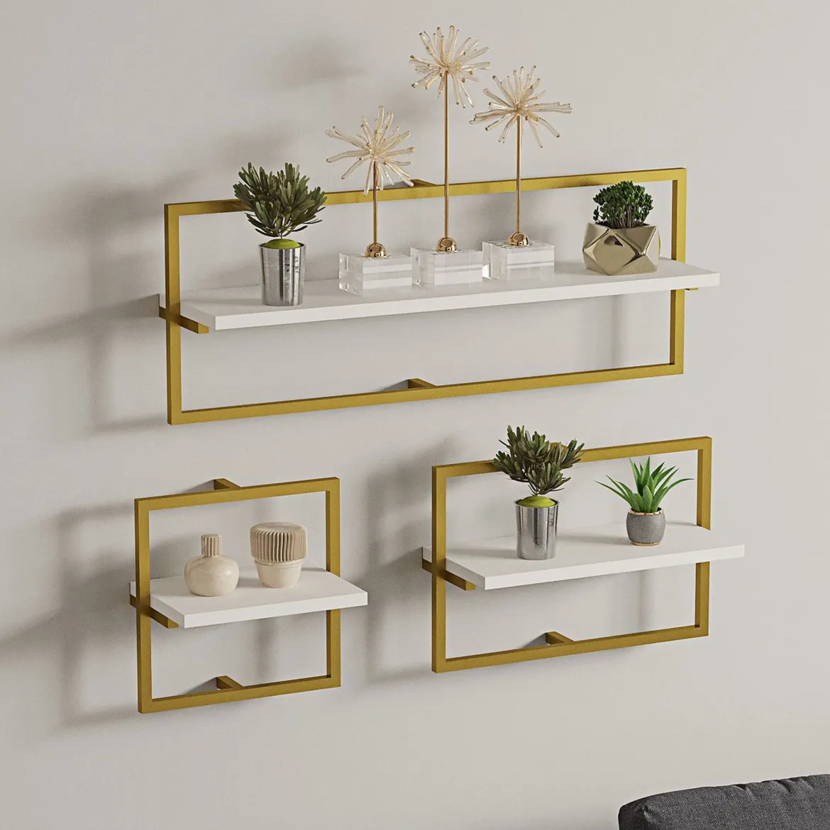 Mensola Bianco oro 3 Ripiani set da 3 80x20x30h cm, Colore Struttura oro - Gerano
