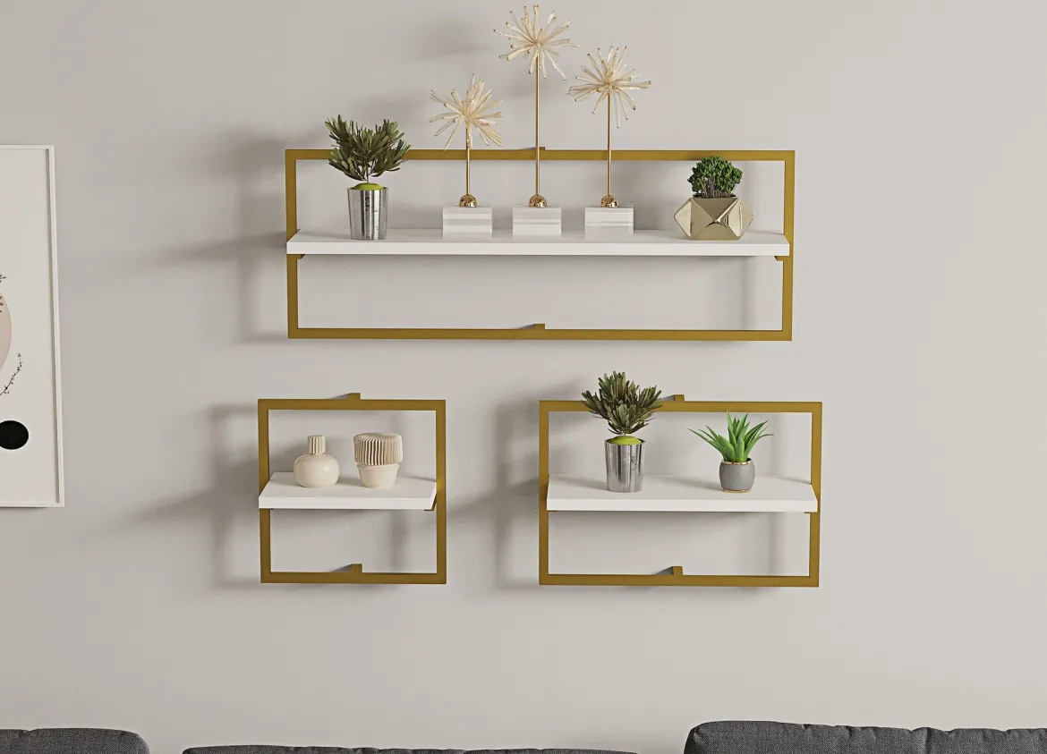 Mensola Bianco oro 3 Ripiani set da 3 80x20x30h cm, Colore Struttura oro - Gerano