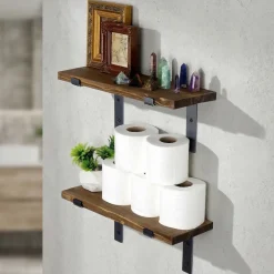 Mensola Marrone Naturale Nero 2 Ripiani in Legno di Abete, Fatto a Mano 40x14x16h cm, Colore Struttura Nero - Trontano
