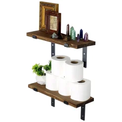 Mensola Marrone Naturale Nero 2 Ripiani in Legno di Abete, Fatto a Mano 40x14x16h cm, Colore Struttura Nero - Trontano