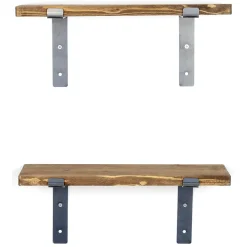 Mensola Marrone Naturale Nero 2 Ripiani in Legno di Abete, Fatto a Mano 40x14x16h cm, Colore Struttura Nero - Trontano