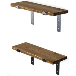 Mensola Marrone Naturale Nero 2 Ripiani in Legno di Abete, Fatto a Mano 40x14x16h cm, Colore Struttura Nero - Trontano