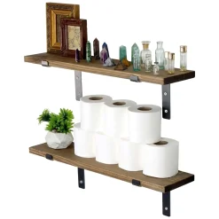 Mensola Marrone Naturale Nero 2 Ripiani in Legno di Abete, Fatto a Mano 60x14x16h cm, Colore Struttura Nero - Canzano