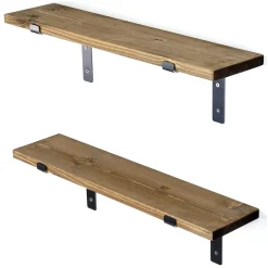 Mensola Marrone Naturale Nero 2 Ripiani in Legno di Abete, Fatto a Mano 60x14x16h cm, Colore Struttura Nero - Perano