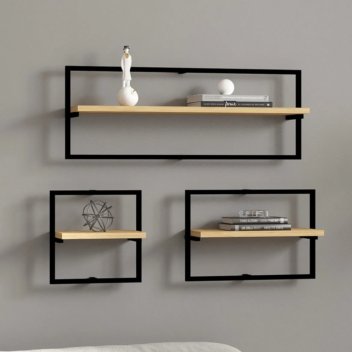 Mensola Marrone Rovere Nero 3 Ripiani set da 3 Mensole 80x20x30h cm, Colore Struttura Nero - Gandosso