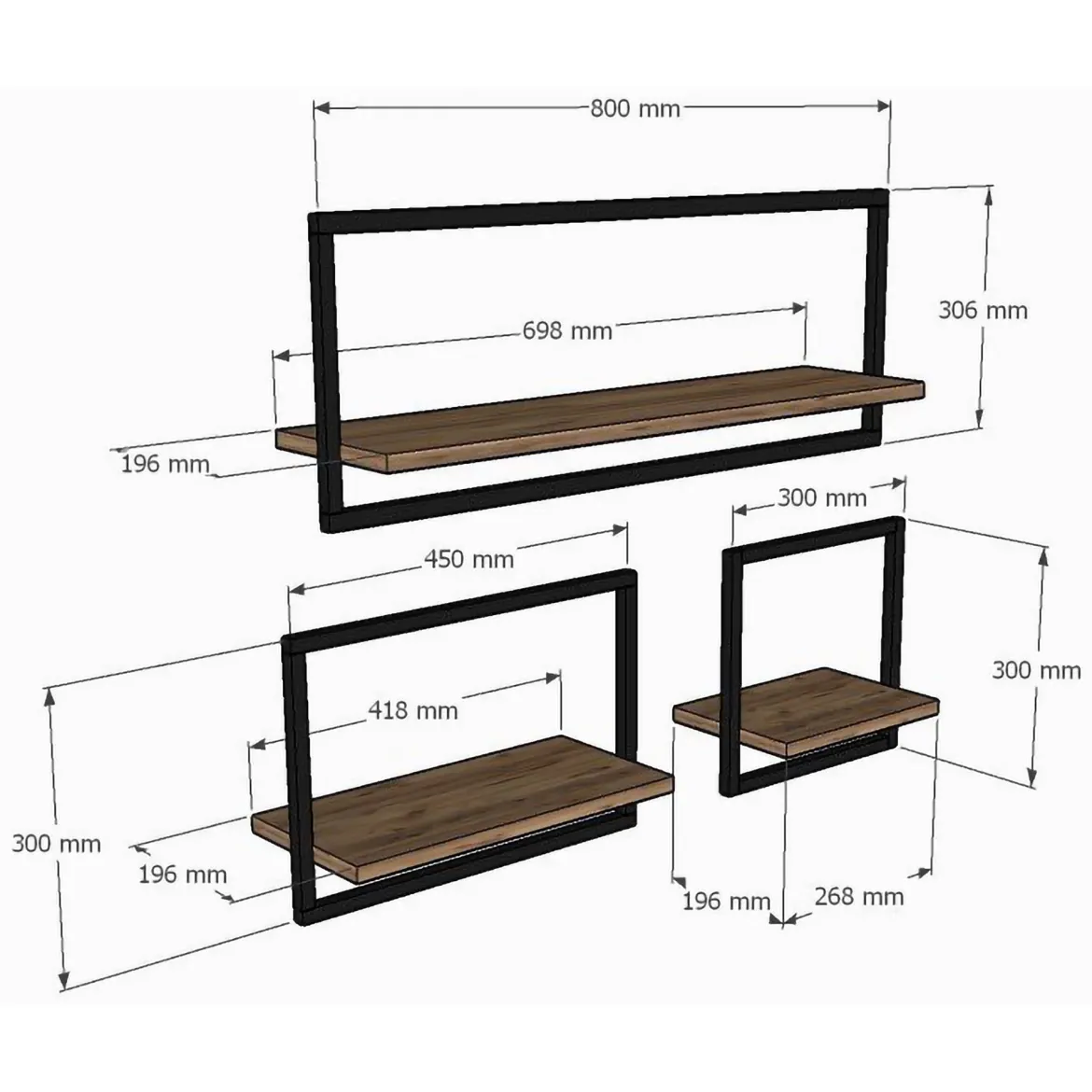 Mensola Marrone Rovere Nero 3 Ripiani set da 3 Mensole 80x20x30h cm, Colore Struttura Nero - Gandosso