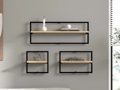 Mensola Marrone Rovere Nero 3 Ripiani set da 3 Mensole 80x20x30h cm, Colore Struttura Nero - Gandosso