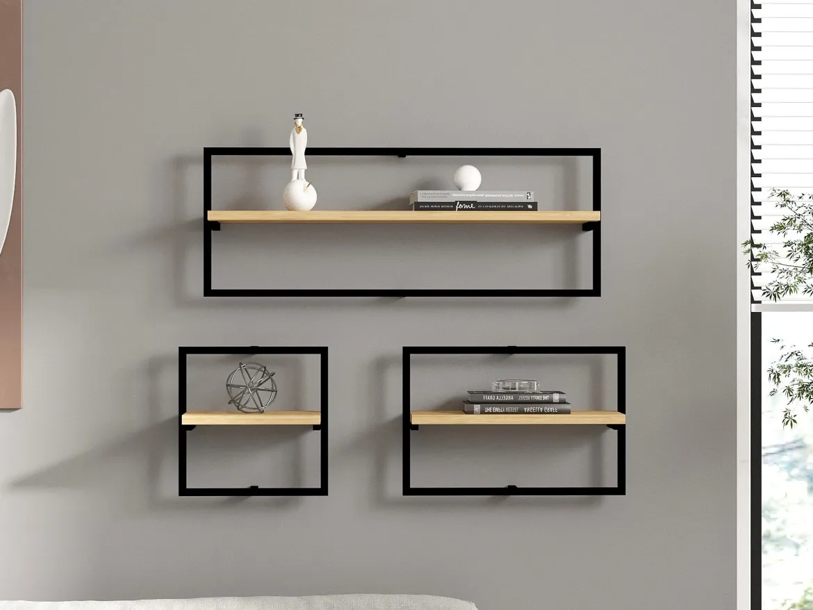Mensola Marrone Rovere Nero 3 Ripiani set da 3 Mensole 80x20x30h cm, Colore Struttura Nero - Gandosso