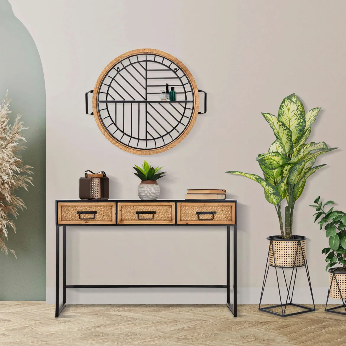 Mensola Marrone Rovere Nero un Ripiano Cornice in Rattan Intrecciato 73x18x65h cm, Sfumatura Colore Struttura Rovere - Homer