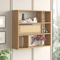 Mensola Marrone Rovere 5 Ripiani Anta Effetto Paglia di Vienna 90x22x81h cm, Sfumatura Colore Struttura Rovere - Coeli