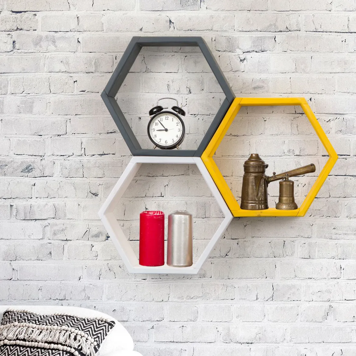Mensola Nero Antracite Giallo 3 Ripiani Effetto Geometrico 58x9x38h cm, Colore Struttura Giallo - Bulciago