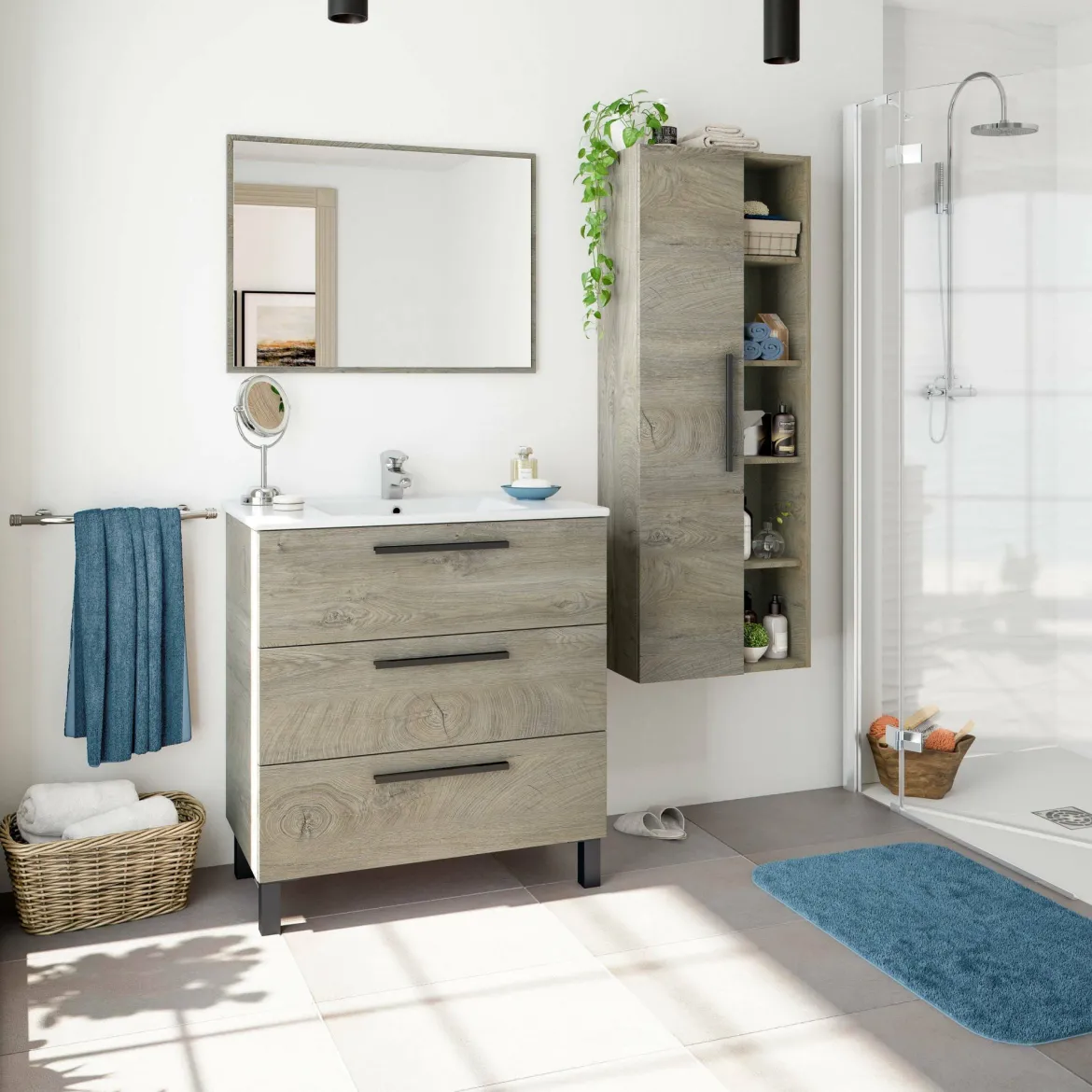 Mobile bagno antigraffio 3 cassetti 80x86x45h cm quercia - Elleboro