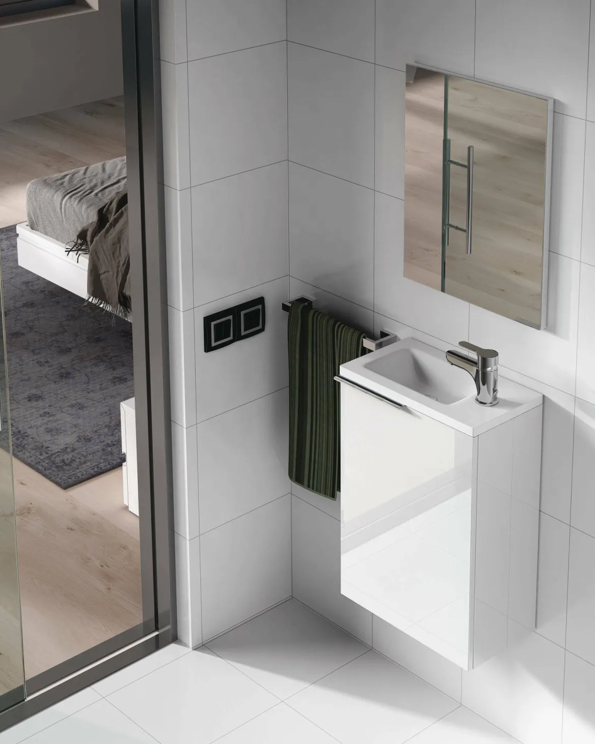 Mobile bagno sospeso con specchio 40x58x22h cm bianco lucido - Akamaru