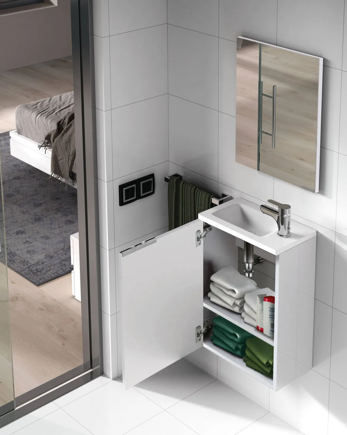 Mobile bagno sospeso con specchio 40x58x22h cm bianco lucido - Akamaru