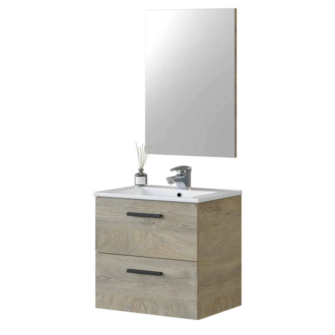 Mobile bagno sospeso con specchio 60x57x45h cm rovere - Affa