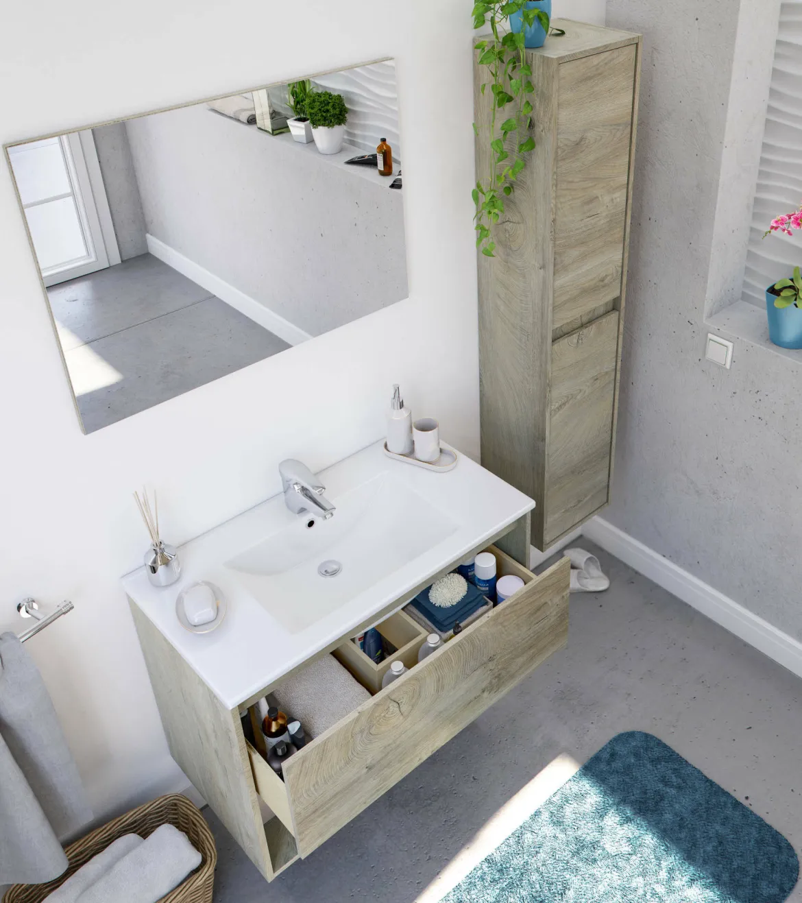 Mobile bagno sospeso con specchio 80x57x45h cm bianco lucido - Albino