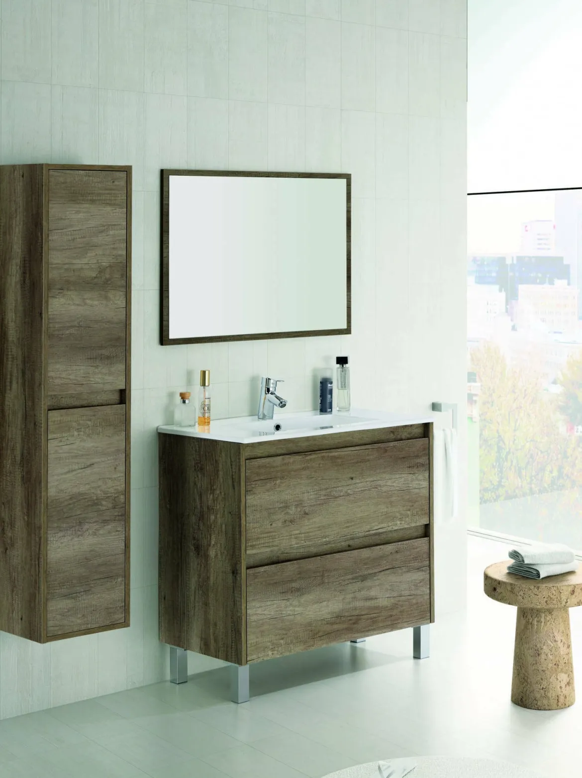 Mobile bagno sospeso con specchio 80x80x45h cm rovere - Abissalino