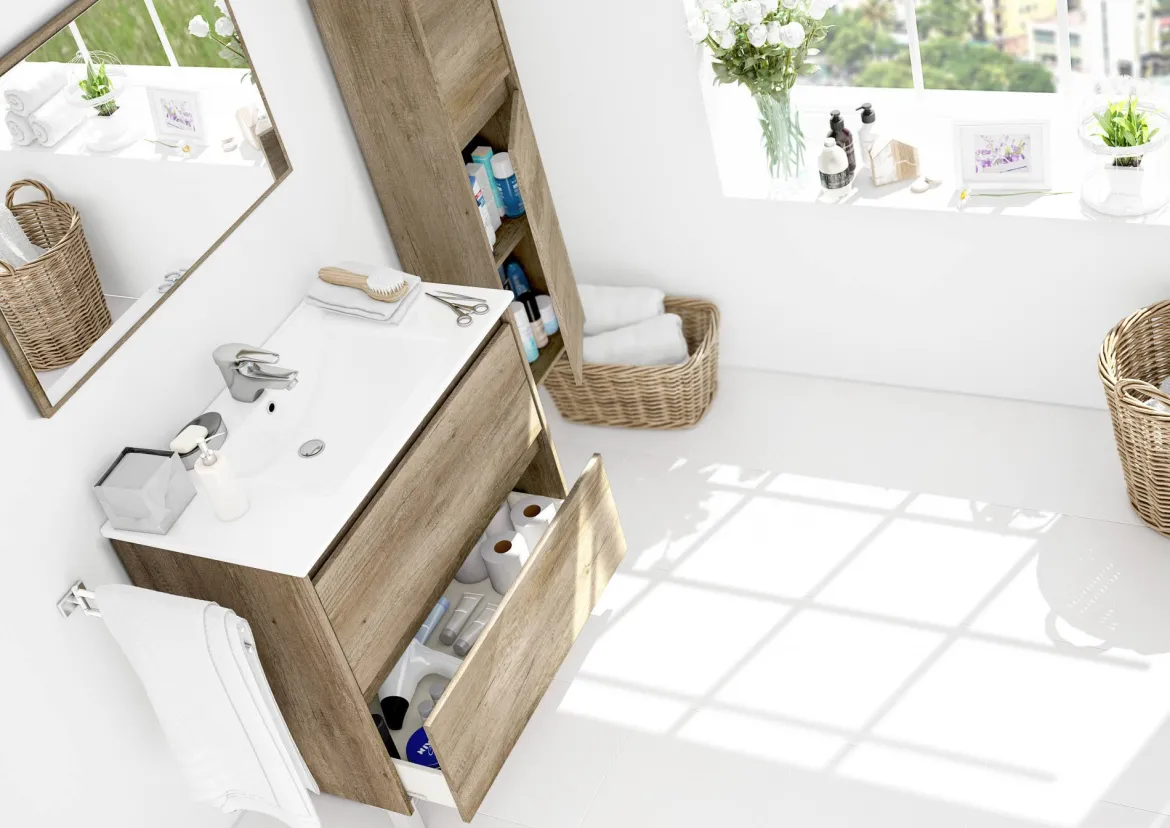 Mobile bagno sospeso con specchio 80x80x45h cm rovere - Abissalino