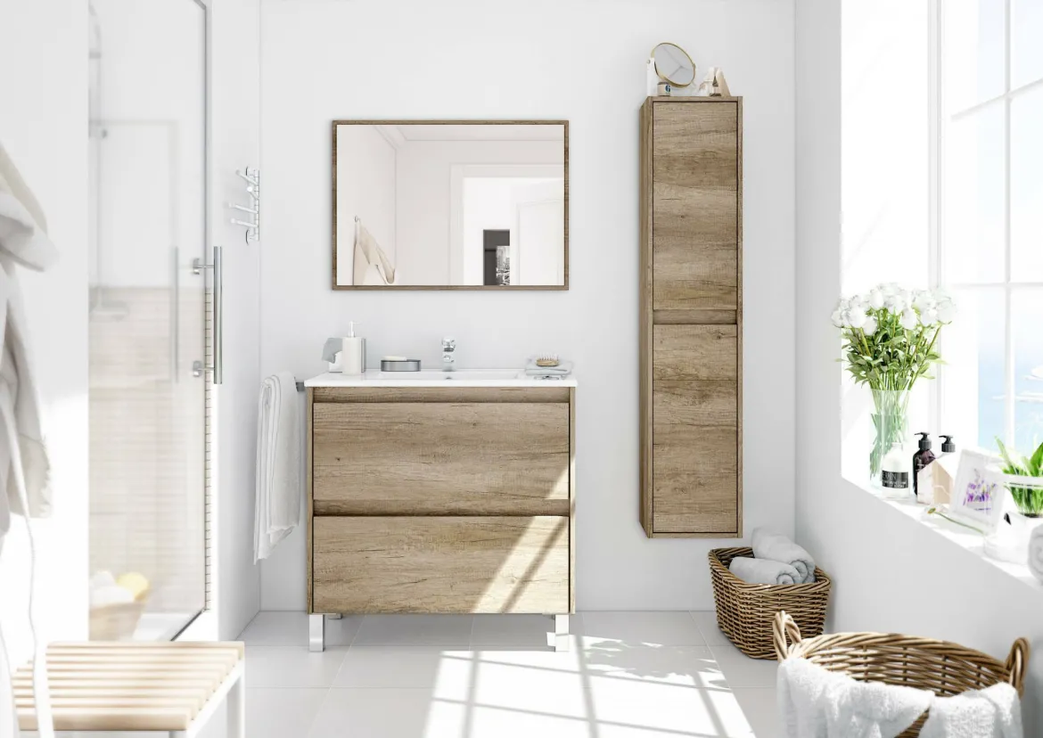 Mobile bagno sospeso con specchio 80x80x45h cm rovere - Abissalino