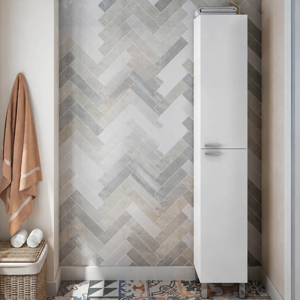 Mobile Colonna Bianco Lucido Marrone Rovere 3 Ripiani 2 Ante 30x25x182h cm, Reversibile - Trogir