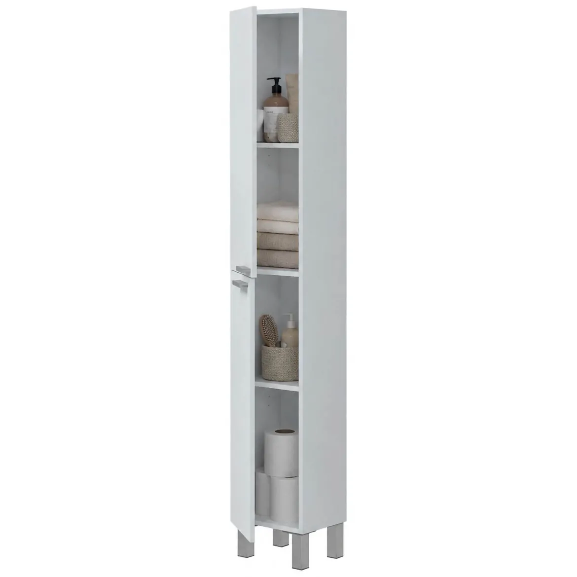 Mobile Colonna Bianco Lucido Marrone Rovere 3 Ripiani 2 Ante 30x25x182h cm, Reversibile - Trogir